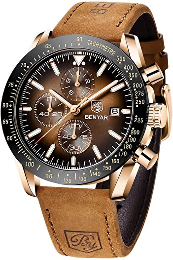 Benyar BY Men's Watch 100M Waterproof Chronograph Date Watch with Brown Leather Strap
