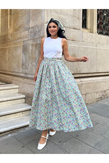 KÜÇÜĞÜM BUTİK Mint Green Floral Flared Poplin Skirt