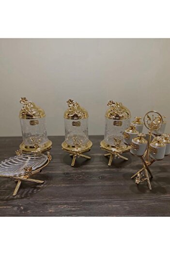AZADE BAKIR Gold Brass Japan Rose Gold Legs Luxury, 6-Piece Porcelain Zigzag Barware and Single Glass Presentation Set of 3