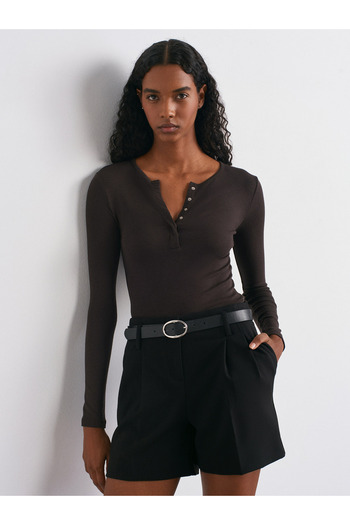 Dilvin 31442 Long Sleeve Snap Button Top - Dark Brown