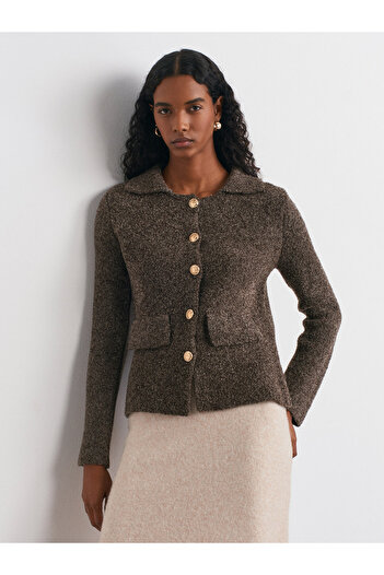 Dilvin 60265 Polo Neck Buttoned Pocket Detailed Knitwear Cardigan-Brown