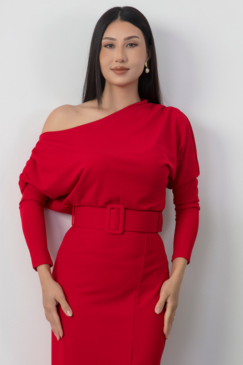 PULLIMM Crew Neck Bat Sleeve Belted Dress Ny4123