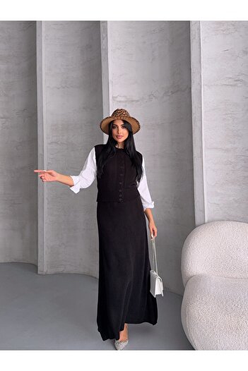 Housess Women's Button Detailed Vest and Skirt Bottom Top Double Knitwear Set