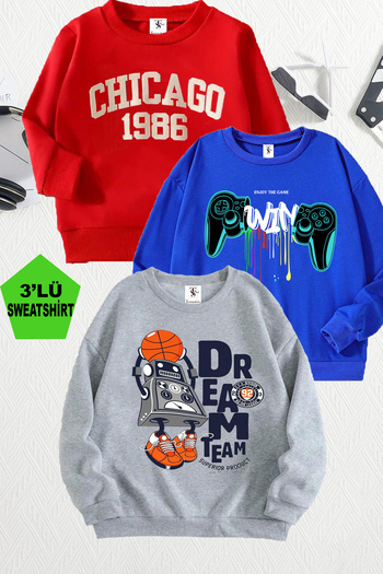 twins tailors Basketball Robot and Game Handle Printed 3-Pack Unisex Grey-Sax Blue-Red Kids Sweatshirt