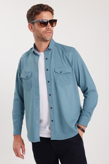 Tudors Men's Regular Fit Comfortable Cut Double Pocket Sport Collar Denim Petrol Shirt
