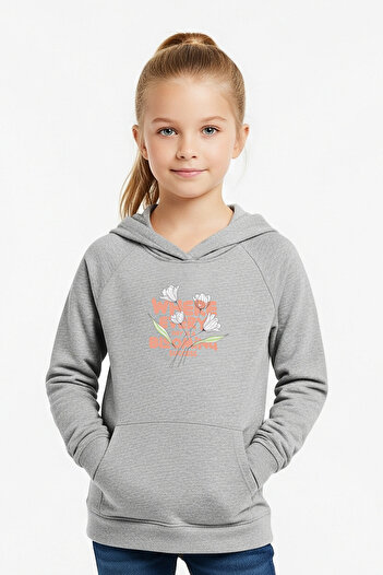 YA KO KİDS Hooded Girls' Sweatshirt with Kangaroo Pockets and Flower Print Detail