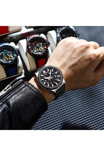 Curren 8437 Men's Analog Watch with Geometric Dial Black Silicone Strap And Date Display