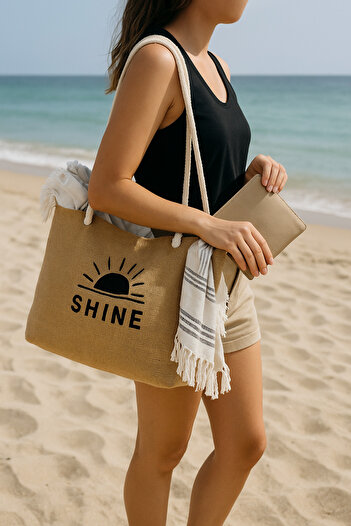 Serstil Women's Straw Beach Bag and Wallet Set - Summer Print Detailed Shoulder Bag 55 X 37 X 17 cm