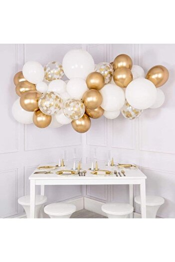 Flippy Set of 16 Latex Balloons, Flippy, Party Model, 30 cm, White, Gold, Transparent Confetti, 2.8 g