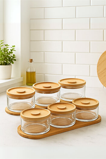 HOMİNG 14 Piece Vacuum Sealed Bamboo Glass Breakfast Set 242241