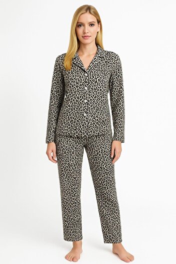 Pemilo Set de pijamale cu mânecă lungă din piele întoarsă cu nasturi 6451 pentru femei LEOPARD