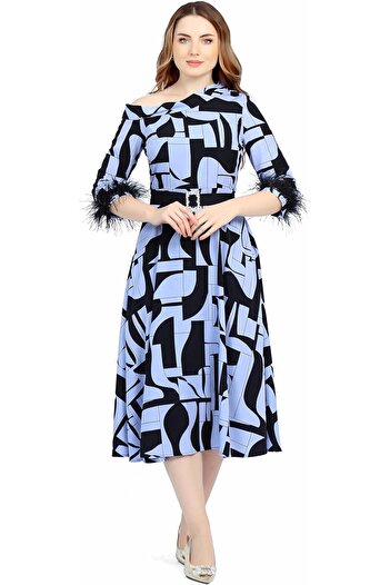 TREASUREISLAND Treasure Island Floral Midi Dress with Belt and Feather on Sleeves - Blue