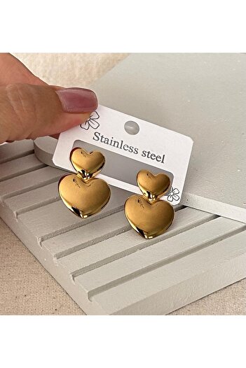 julee.co Heart over Heart Gold Steel Earrings (2.5X2Cm)