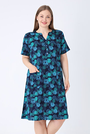 İntensive Navy Blue Patterned V-Neck Button Detail Pocketed Short Sleeve Women's Plus Size Cotton Dress