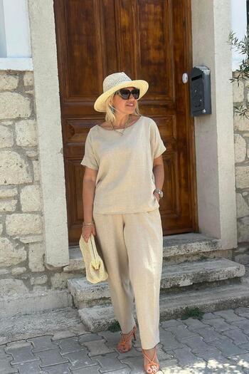 By Esra Celkan Beige Crew Neck Elastic Waist Loose Leg Trousers Set