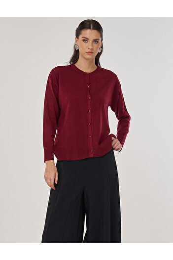 Kayra Button Detailed Shirt Collar Cardigan Burgundy