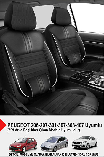 GM-DESIGN Carbon White Luxury Leather Auto Seat Cover-(Compatible with Peugeot 206-207-208-306-307-407)