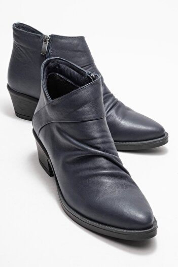 LuviShoes Rule Navy Blue Genuine Leather Women's Thick Heeled Boots