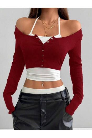 BALİNA Red Wide Collar Buttoned Neck Tie Long Sleeve Blouse -Bln