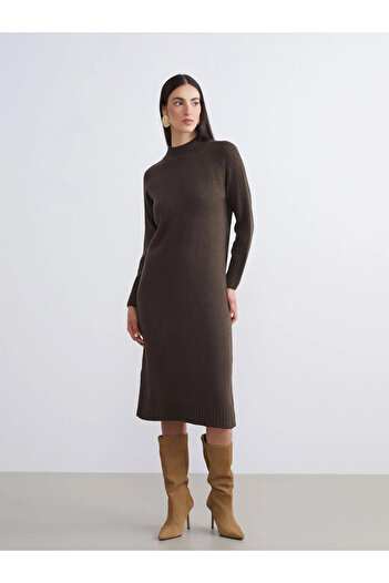 LC Waikiki Lcwaikiki Classic Brown Half Turtleneck Slit Knitwear Dress
