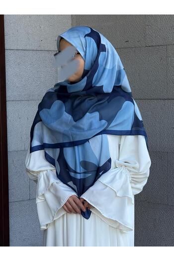 Qalortex Scarf Κασκόλ από βαμβακερό σχέδιο Vera-Ναυτικό μπλε