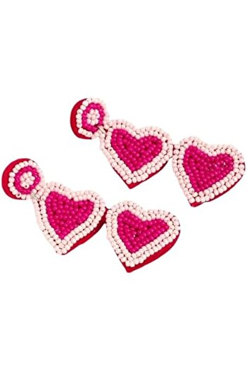 Just Pretty Corner Charming Boho Beaded Heart Drop Earrings, Pink and White Double Heart Design, Handcrafted Statement