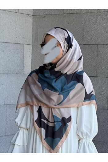 Qalortex Scarf Κασκόλ από βαμβακερό σχέδιο Vera-Πετρόλ/Μινκ