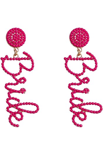 Just Pretty Corner Corner Crystal Bride Word Dangle Earrings, Hot Pink Rhinestone Statement Drop Earrings, Fashion Jewe