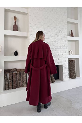 ZF BUTİK Buttoned Oversize Coat with Cashmere Shoulder Detail and Belt