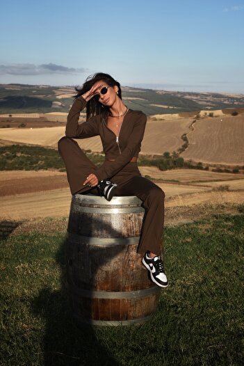 MAİ COLLECTİON Remy Zippered Tracksuit Set - Brown