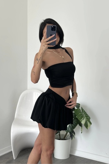 World Fashion Trends 7042 Black Balloon Skirt and Crop Set