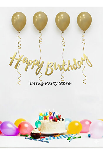 Deniz Party Store 4 Pieces Metallic Gold Balloon Happy Birthday Calligraphy Lettering Set