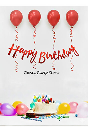 Deniz Party Store 4 Pieces Metallic Red Balloon Happy Birthday Calligraphy Lettering Set
