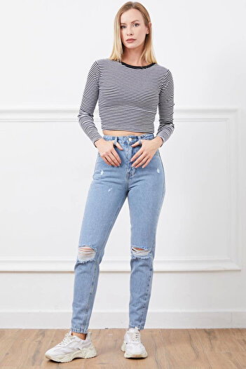 Zerenyus High Waist Mom Jean Slit Trousers Blue