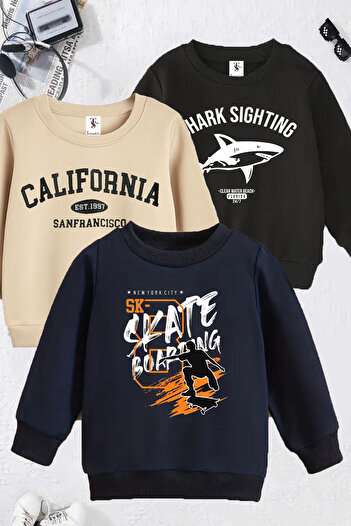 twins tailors Shark and Mixed Printed 3-Pack Unisex Navy Blue-Black-Beige Children's Sweatshirt