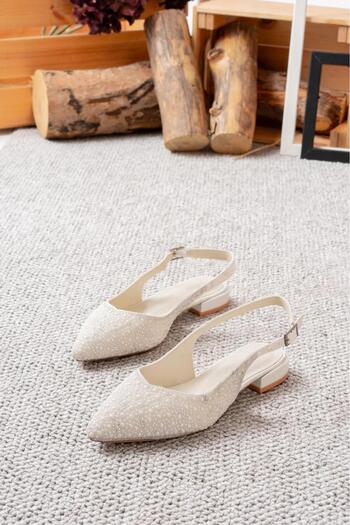 Egepass Eslem Elegant Lace Embroidered Bridal Flats - Pearl Detail, No Heel