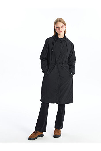 LC Waikiki Black Women's Hooded Plain Raincoat