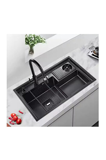 Trendy's Chiuvetă Bucătărie Inox Negru 78×48 cm cu Două Cuve, Accesorii și Strat Nano