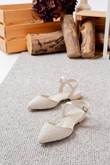 Egepass Eslem Elegant Lace Embroidered Bridal Flats - Pearl Detail, No Heel