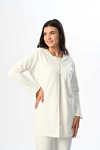 Lohussa Women's Ecru Lace Winter Special Design Maternity Maternity Dressing Gown Pajama Set
