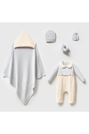 Magu Baby Boy Luxury Cotton Ecru-Grey 5-Piece Hospital Discharge Set Boxed - Blanket, Jumpsuit, Hat, Gloves