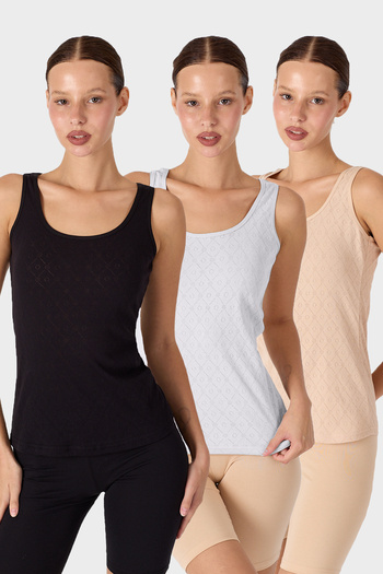 Malabadi Women's Black White Skin Color 3-Piece Thick Strap 100% Cotton Jacquard Undershirt 3m354
