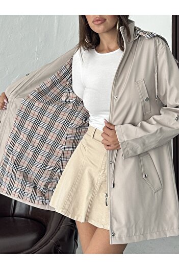 NOA LİNE Women's Water Resistant Trench Coat Hooded Plaid Bonded Fabric Trench Coat
