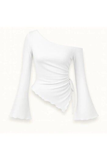 World Fashion Trends 9130 Ekru Asymmetric Necklace, That Is, a Flexible Blouse with a Drawstring