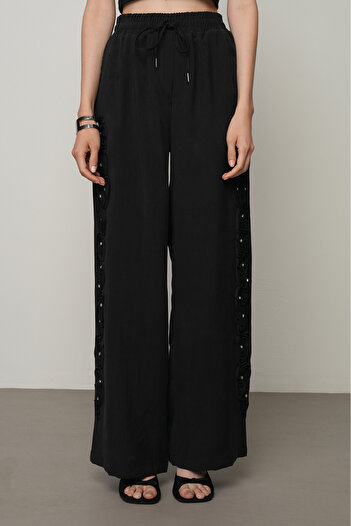 Orfeo Negro Women's Stripe Rose and Stone Detailed Solid Color Elastic Waist Wide Leg Trousers