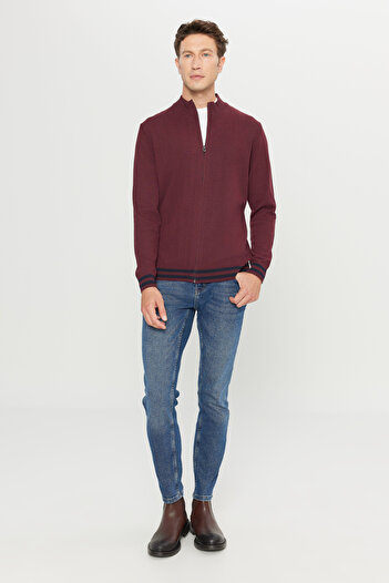 AC&Co / Altınyıldız Classics Men's Burgundy Cotton Standard Fit Regular Cut Zippered Stand Collar Knitwear Jacket