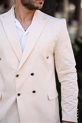 SABRİ ZENGİN Erkek Bej Slim Fit Penye Kumaş Kruvaze Ceket