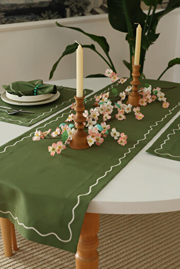 Yakacihome Florina Green 4Amerikanservis,1Runner,4Napkins, 4Napkin Rings Duck Linen Washable Stain Resistant Set