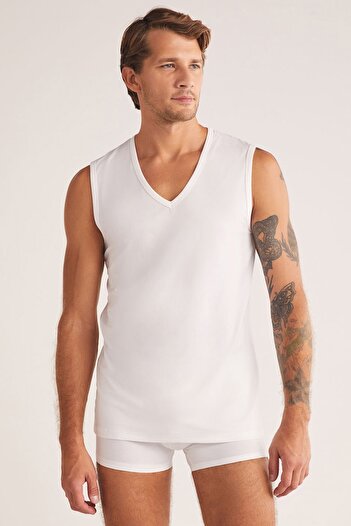 Kom Barny Men's V-Neck Zero Sleeve Cotton 2-Piece Undershirt Set