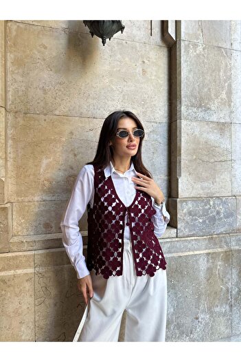 Hatun Atila Hatunatila Floral Patterned Acrylic Sweater Vest 5196 - Burgundy
